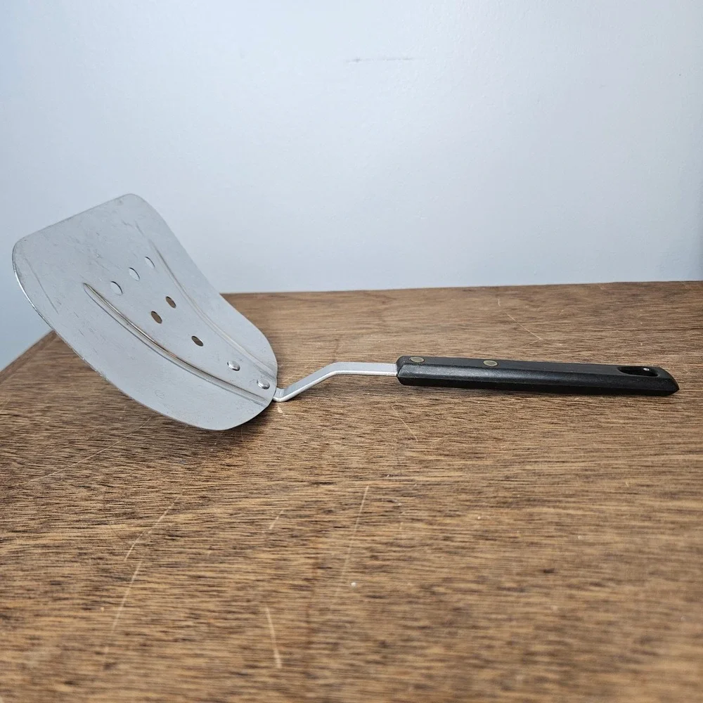 Vintage‎ Stainless Steel Wide Slotted Spatula Turner Japan Offset Black Handle